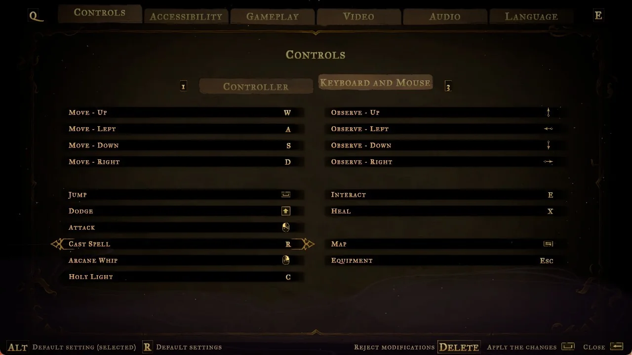 The Keyboard and Mouse tab of the Controls settings with the Cast Spell row selected