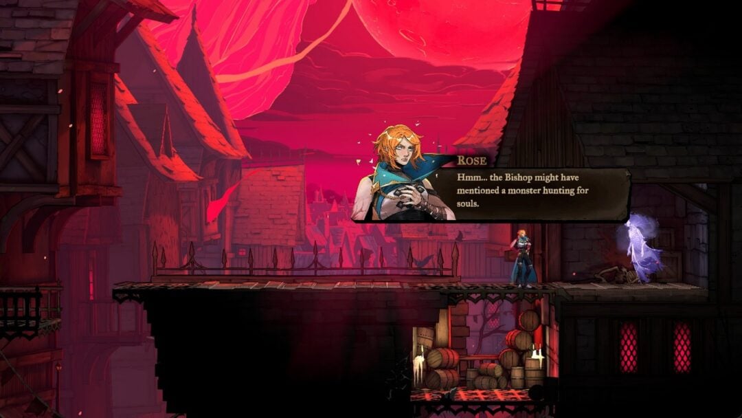 Rose Belmont talks with a spirit on a Paris balcony in Castlevania: Belmont's Curse
