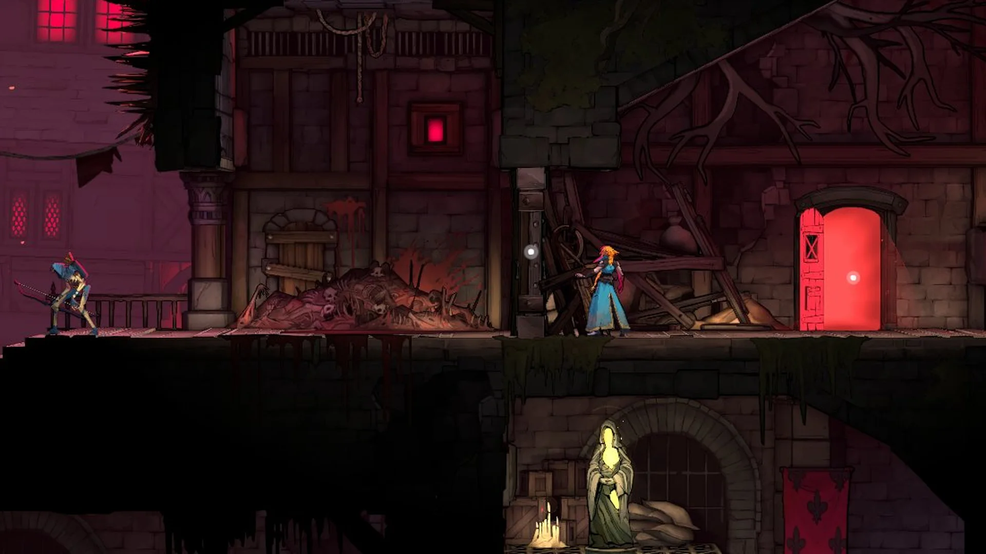 Rose Belmont facing a skeleton archer on a red-lit Paris street