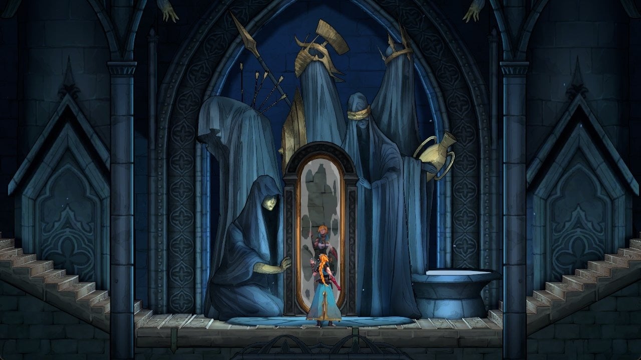 Rose standing at a Mirror of Life between the hooded statues in Castlevania: Belmont's Curse
