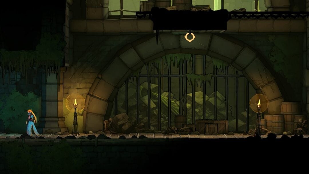 Rose Belmont walks past two lit candle stands by a sewer gate in Castlevania: Belmont's Curse