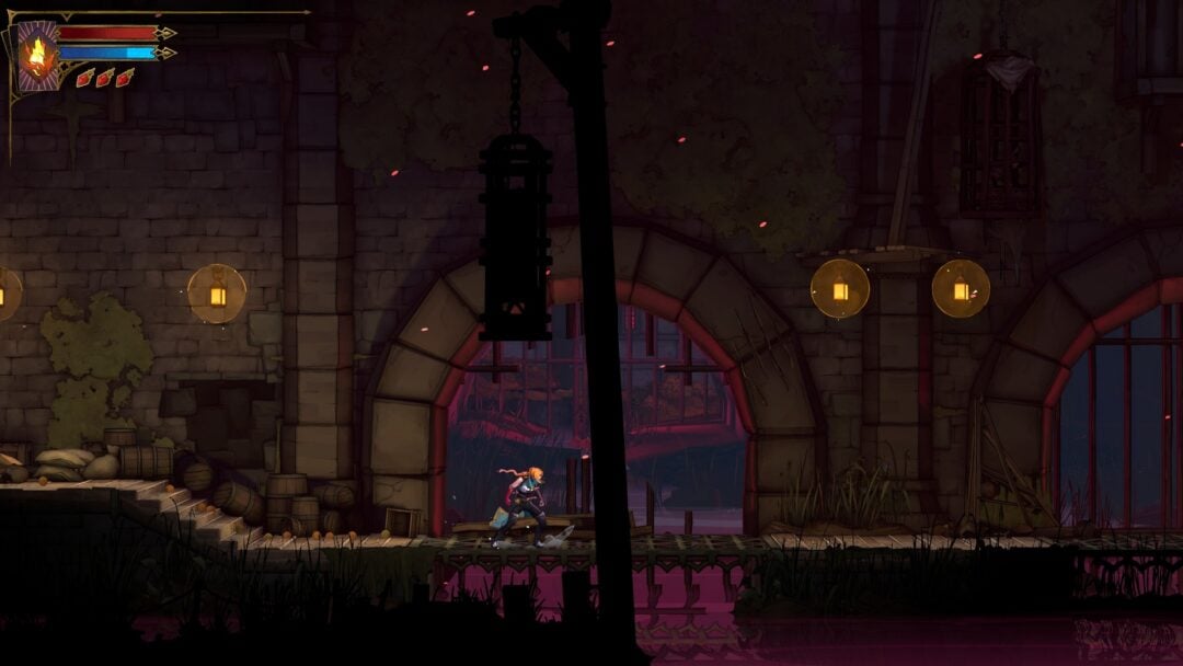 Rose Belmont walking along the Paris docks past a stone archway
