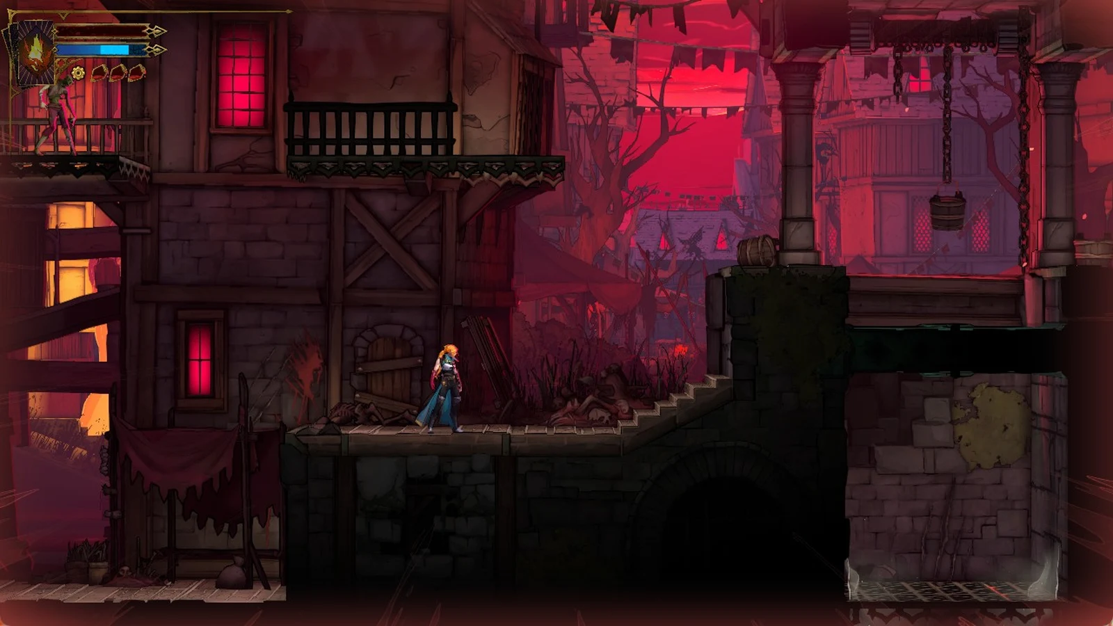 Rose Belmont on a Paris street under a red sky