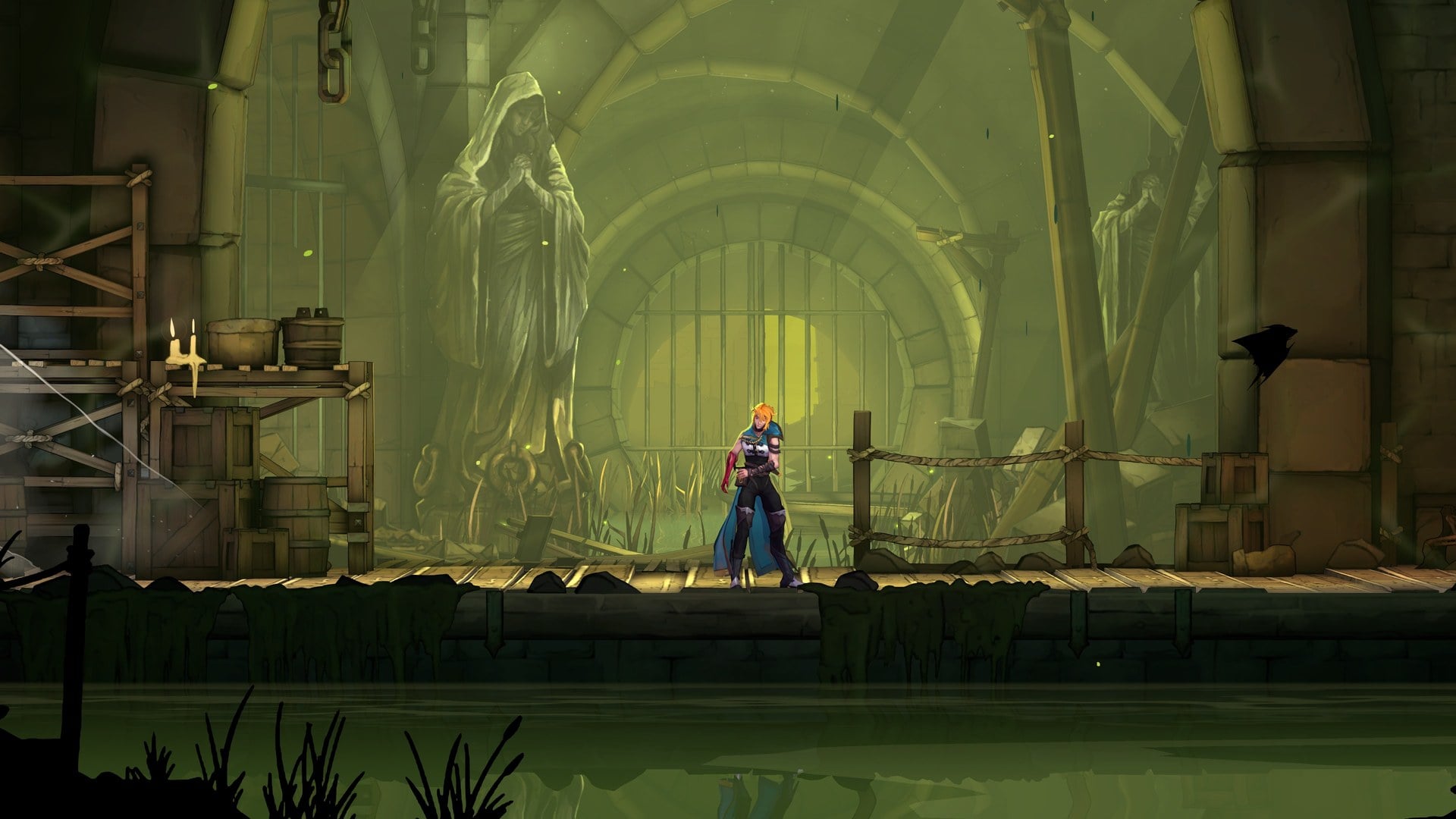 Rose Belmont standing in the Paris sewers in front of a hooded stone statue