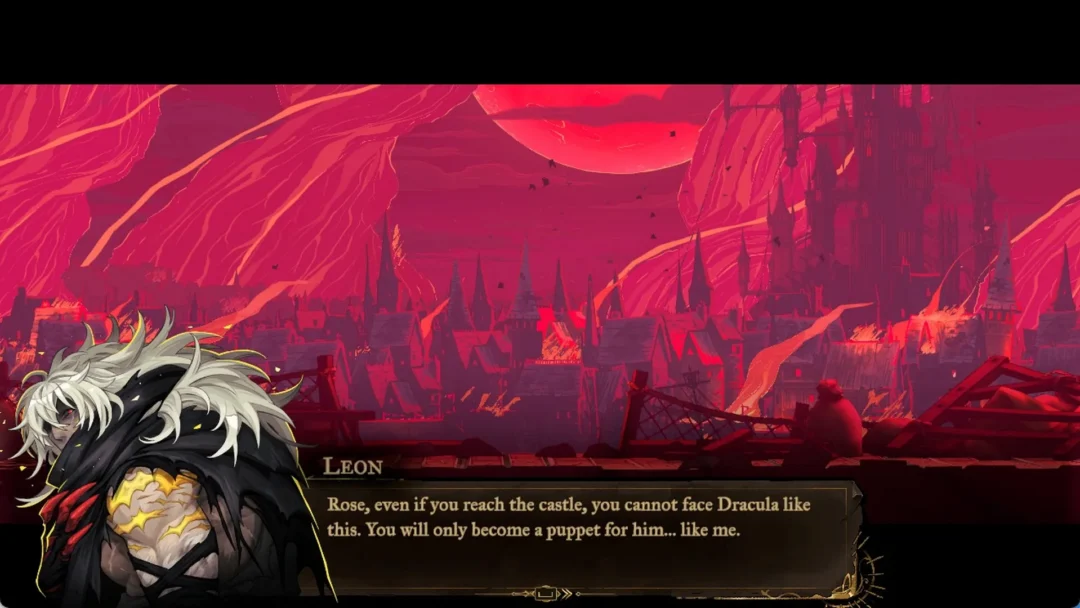 Leon warning Rose over a burning Paris under a red moon in Castlevania: Belmont's Curse