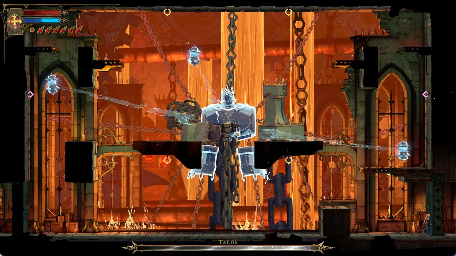 Talos covered by a blue shield, linked by beams to three floating drones in Castlevania: Belmont's Curse