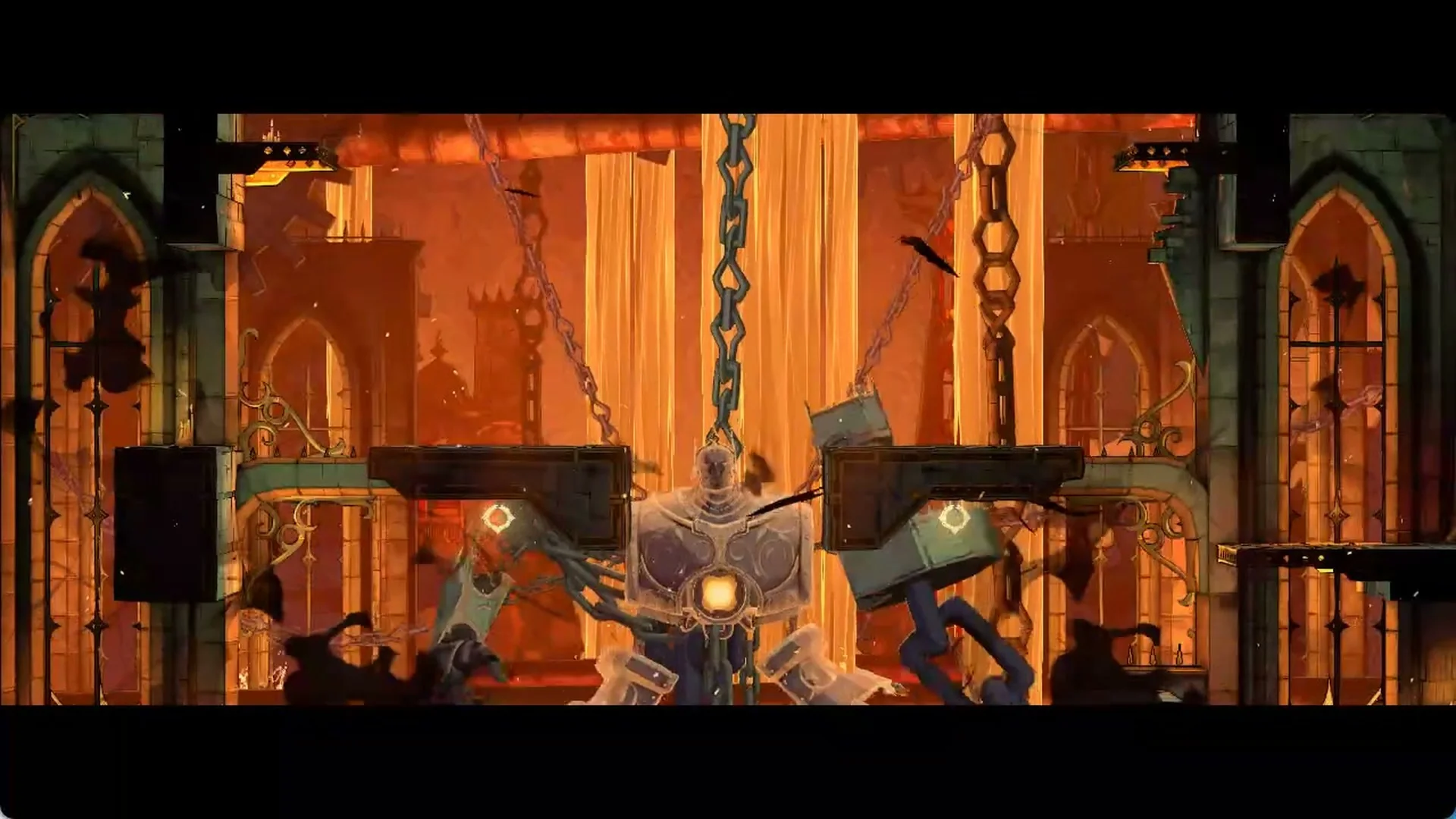 Talos breaking loose and dropping out of the upper hall in Castlevania: Belmont's Curse