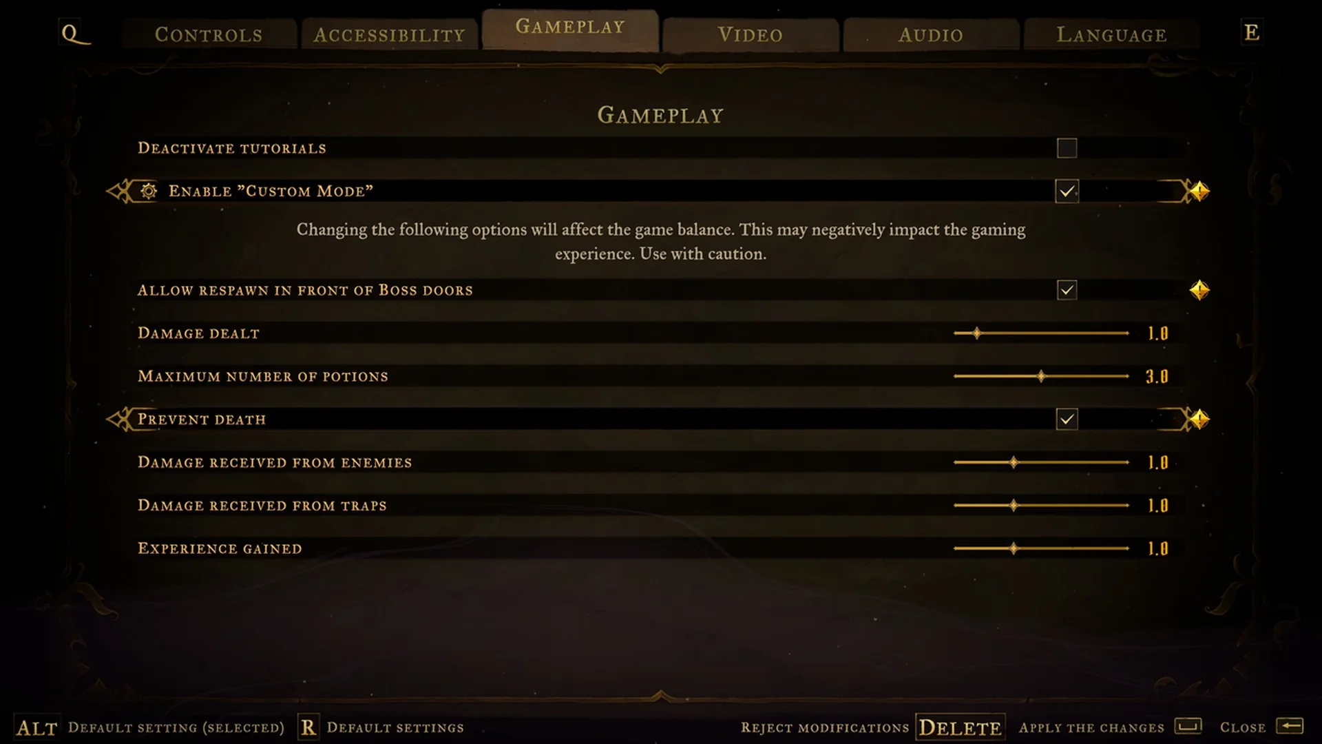 Settings Gameplay tab with Enable Custom Mode and Prevent death ticked in Castlevania: Belmont's Curse