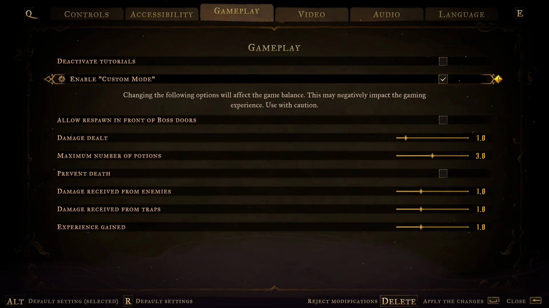 Settings Gameplay tab with Custom Mode on and Prevent death unticked in Castlevania: Belmont's Curse