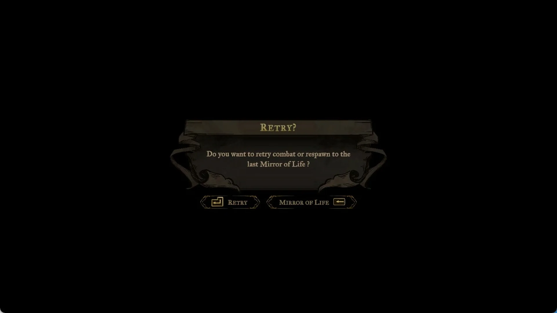 The RETRY box with Retry and Mirror of Life options in Castlevania: Belmont's Curse
