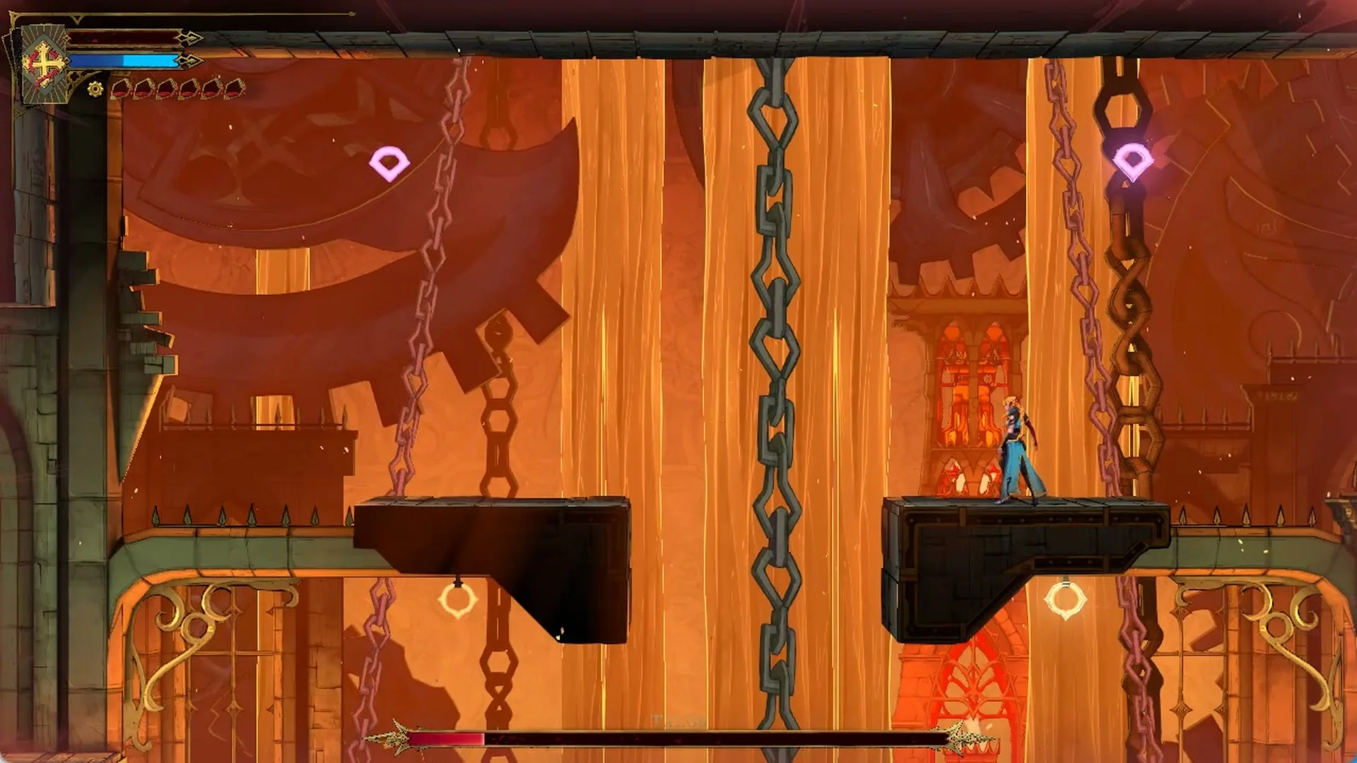 Rose on the right central platform of the lower Talos arena with the boss bar at a sliver and no escape timer in Castlevania: Belmont's Curse