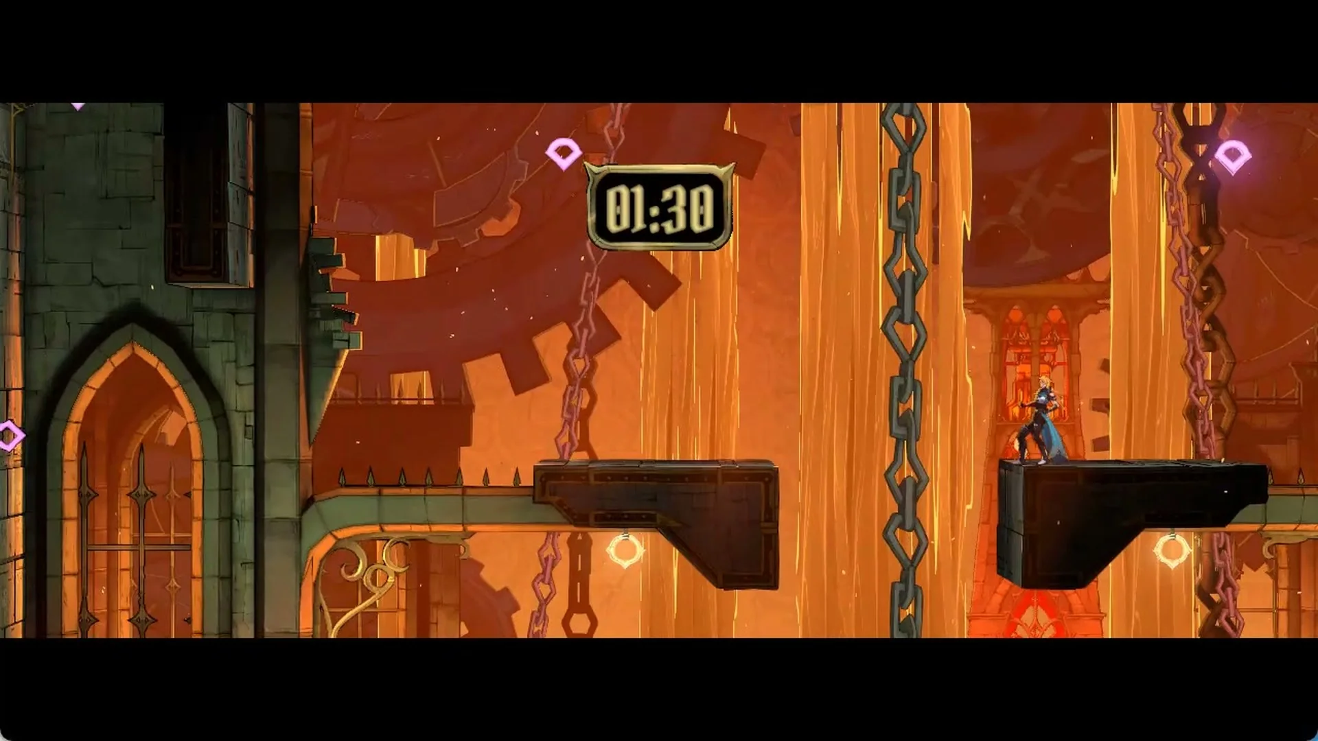 The 01:30 escape timer on screen with Rose on the right central platform in Castlevania: Belmont's Curse
