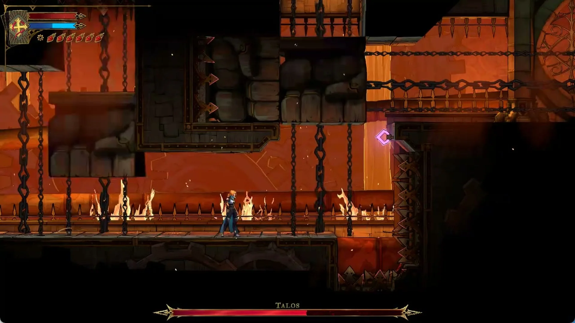 Rose running right along the burning bottom corridor in Castlevania: Belmont's Curse