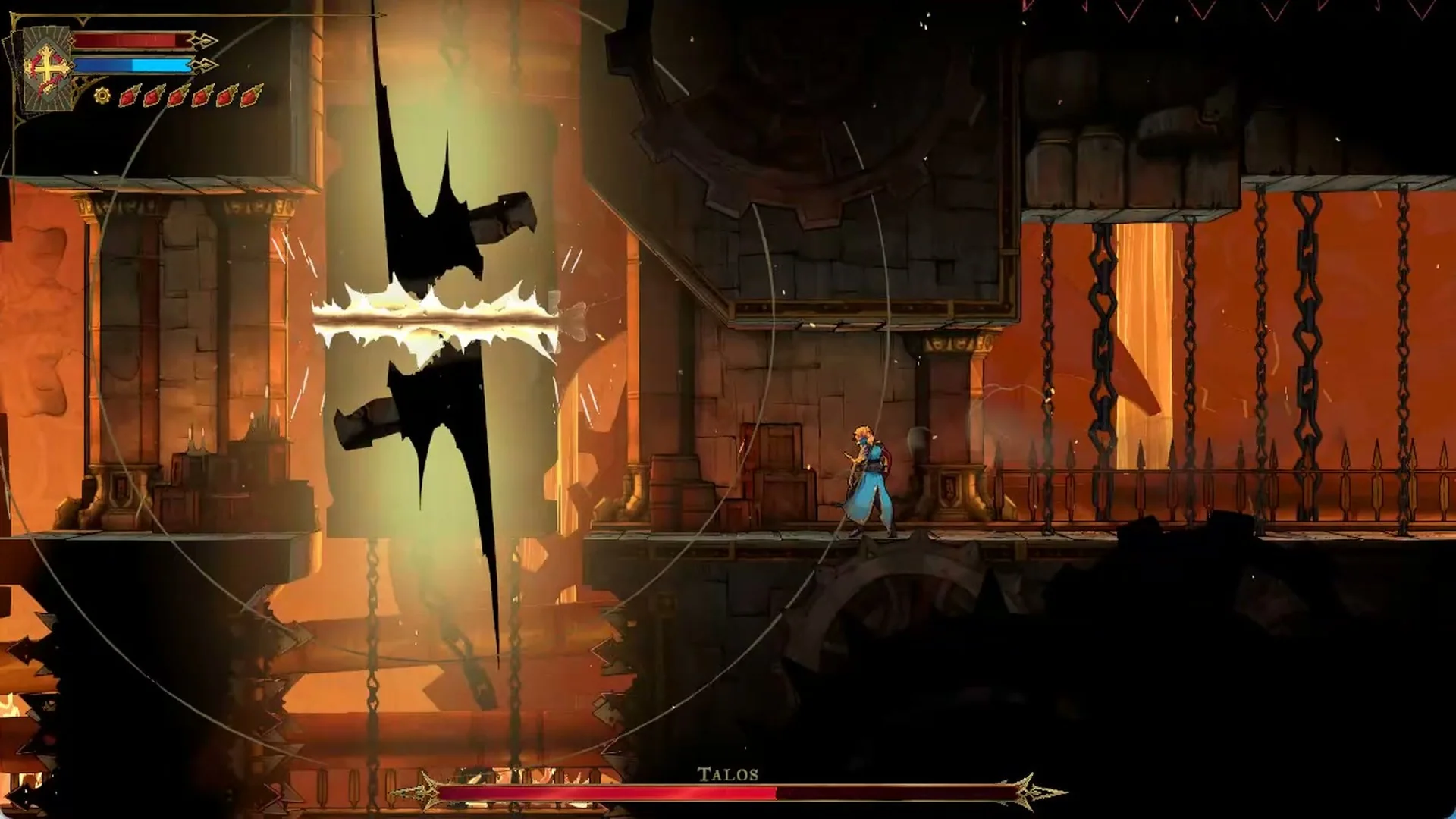 A spiked crusher slamming shut in the chain corridor of the Talos gauntlet in Castlevania: Belmont's Curse