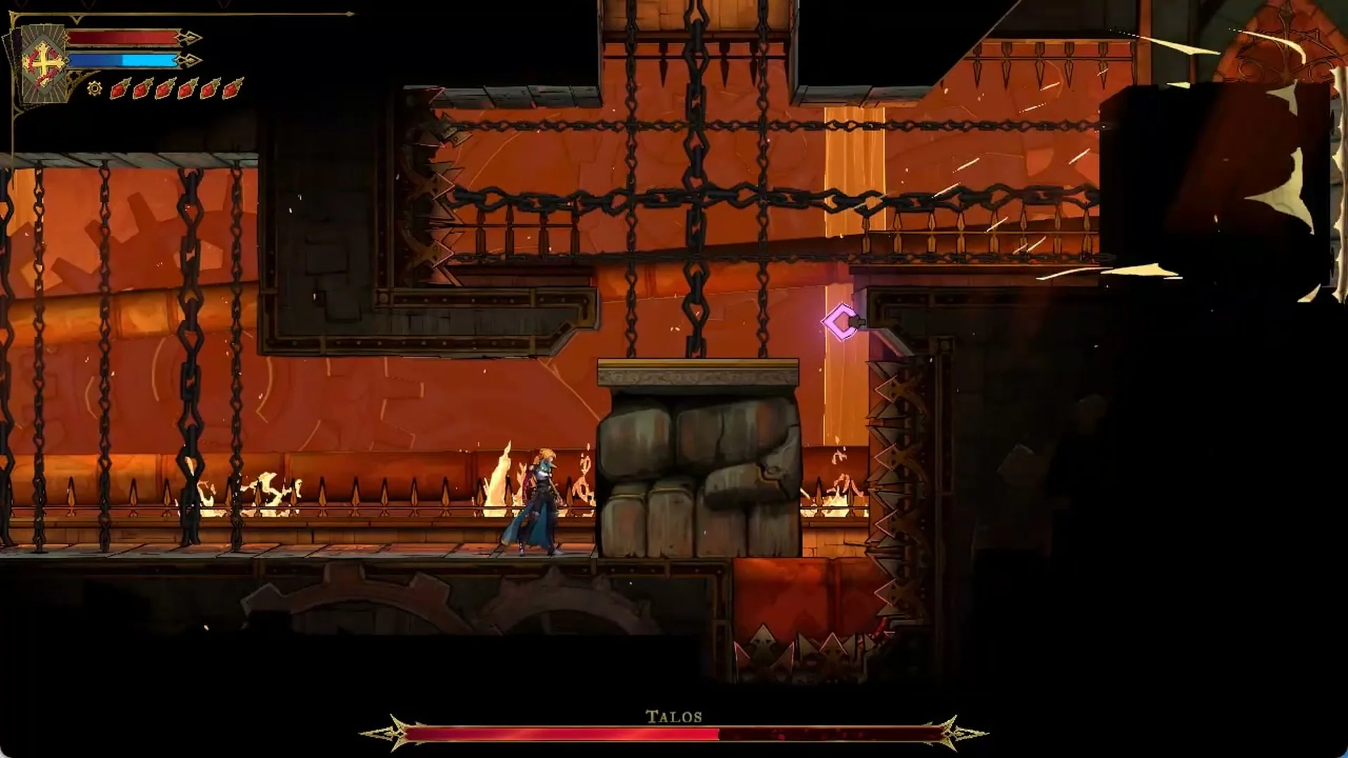A heavy crusher block slammed down at the end of the bottom corridor in Castlevania: Belmont's Curse