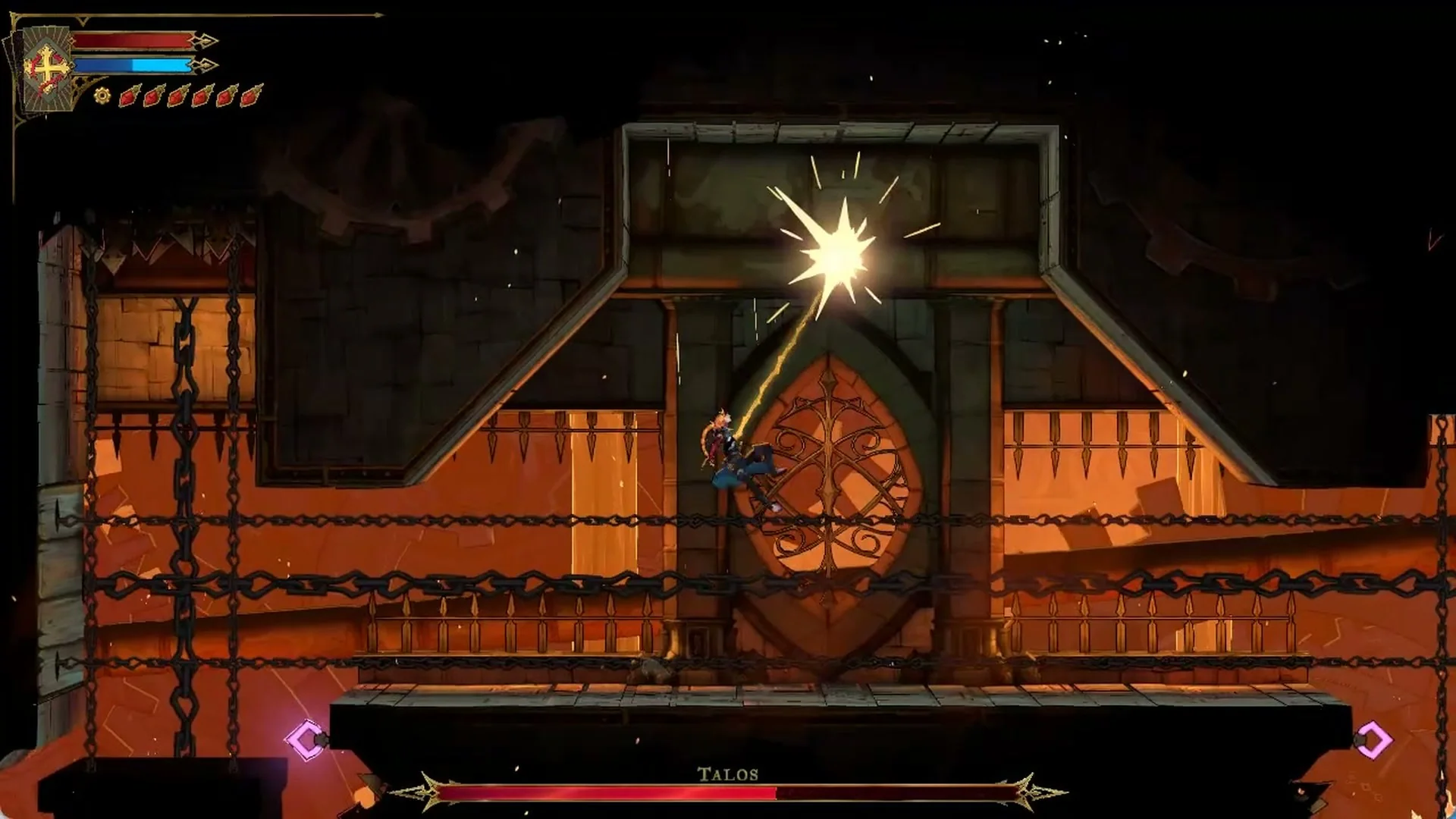 Rose whipping the purple point above the round gear gate in Castlevania: Belmont's Curse
