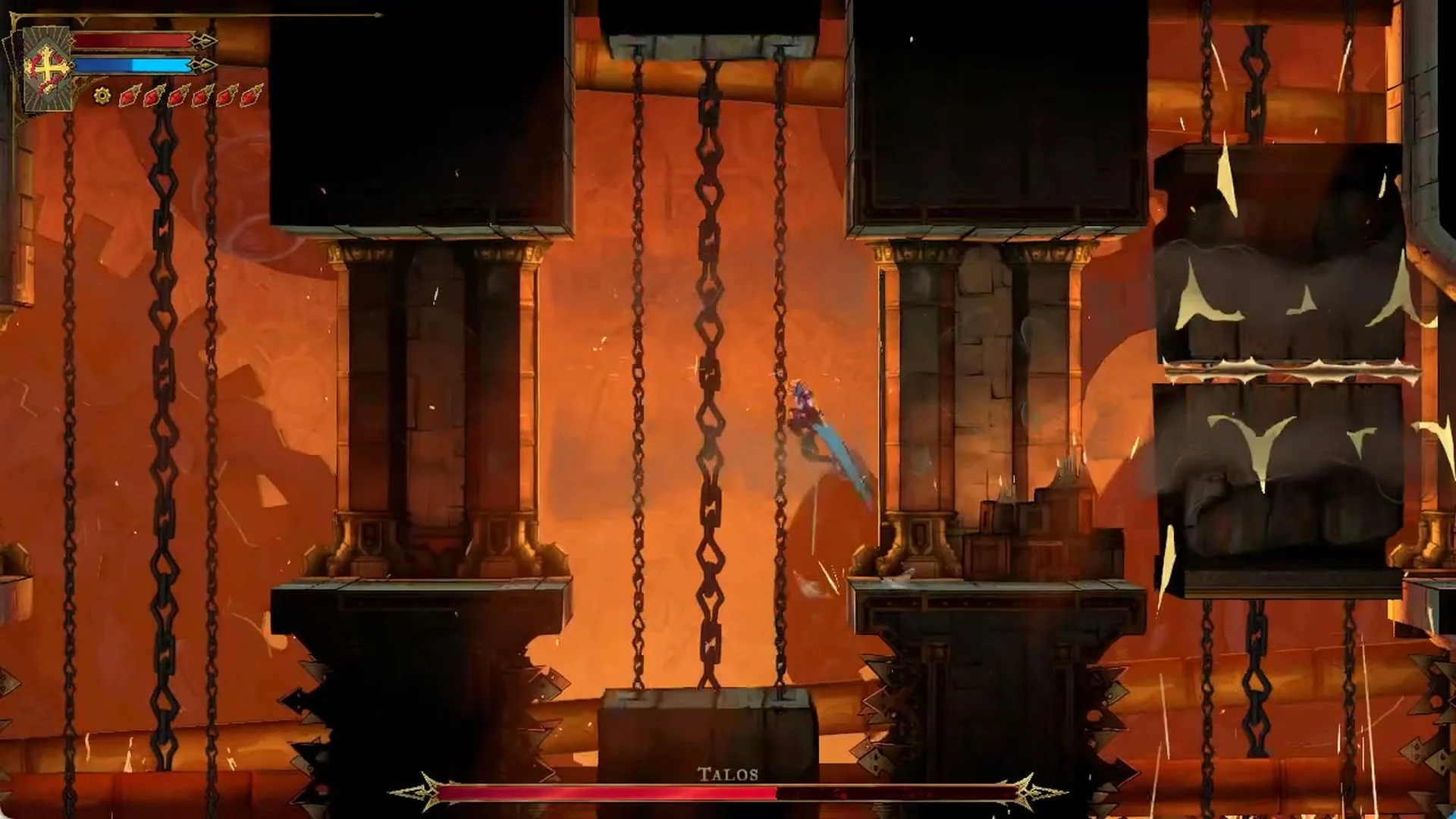 Rose in a running jump over a crusher gap in the chain corridor in Castlevania: Belmont's Curse
