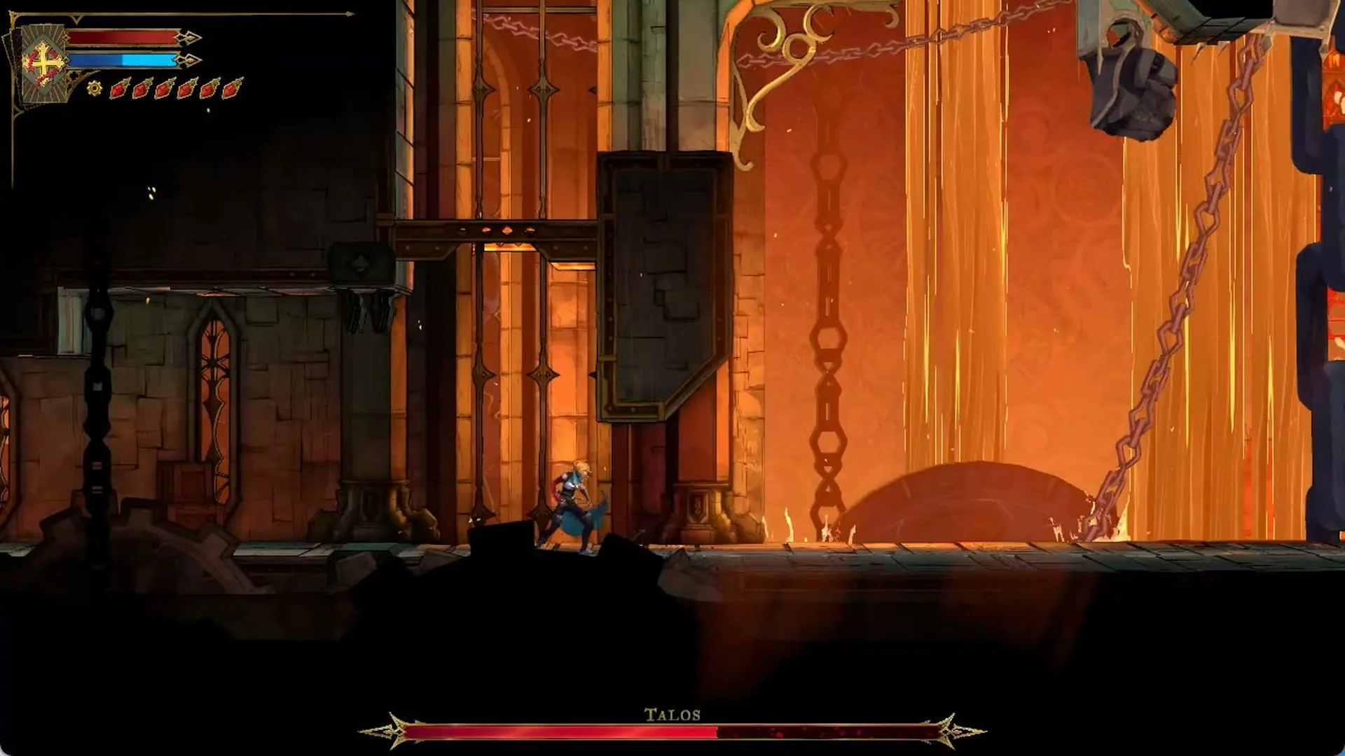 Rose arriving on the floor of the lower Talos arena in Castlevania: Belmont's Curse