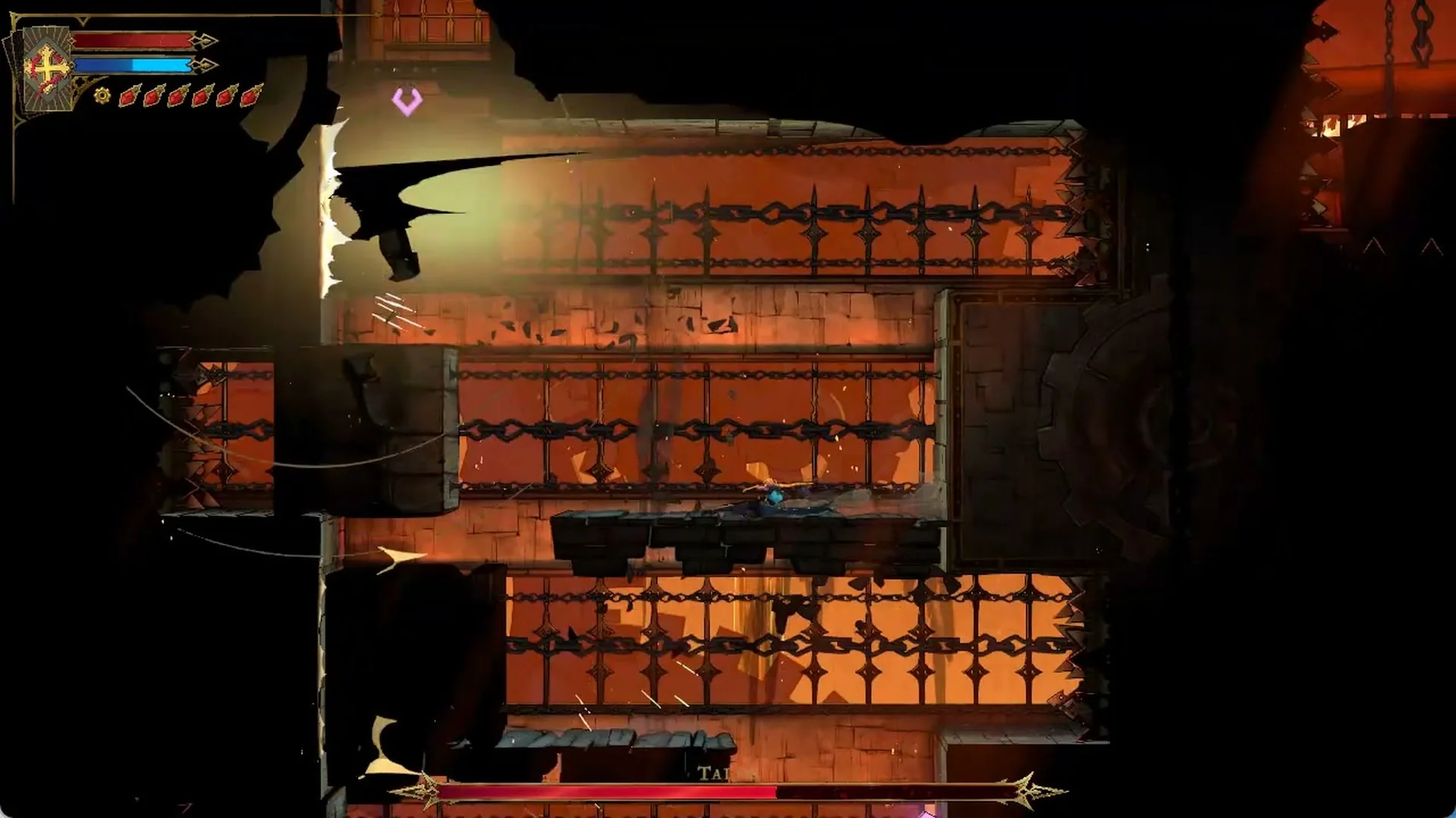 A stone ram slamming across the shaft from the left wall in Castlevania: Belmont's Curse