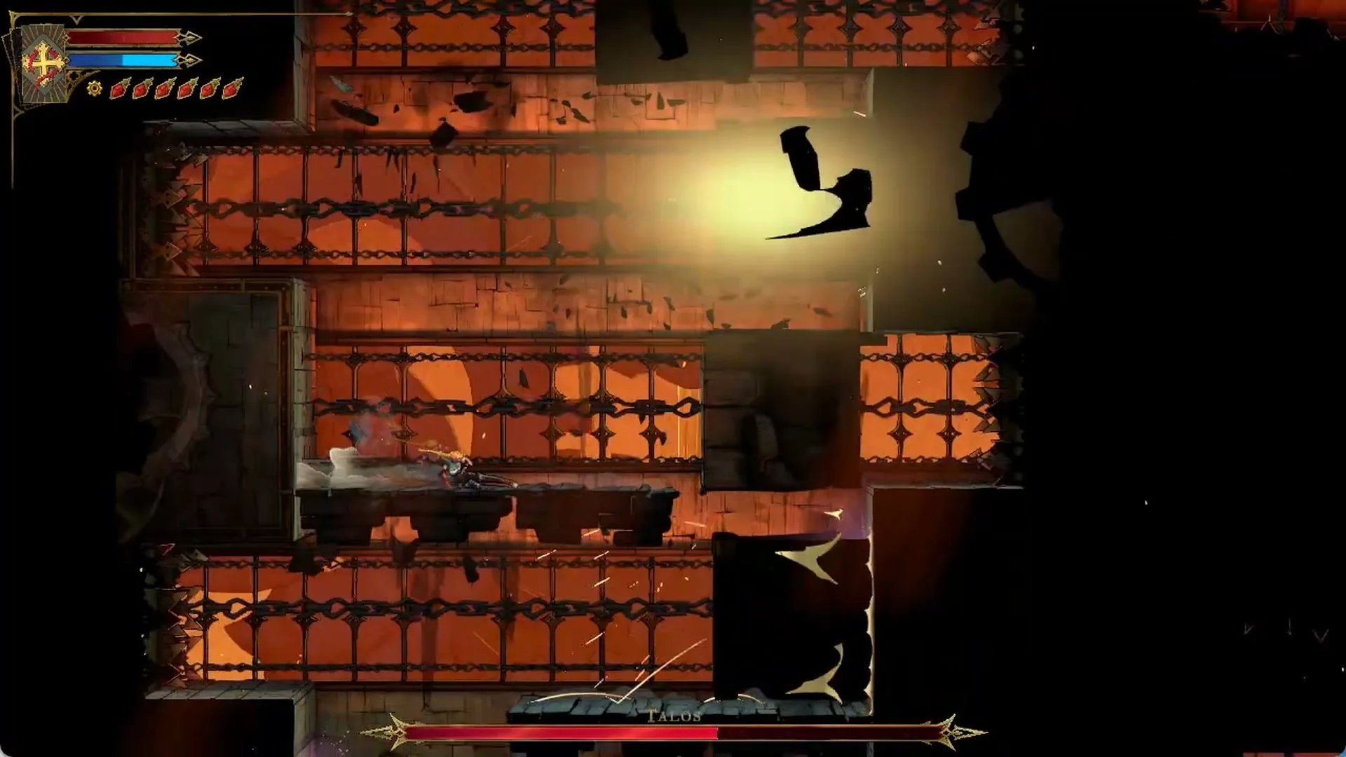 A stone ram slamming across the shaft from the right side in Castlevania: Belmont's Curse