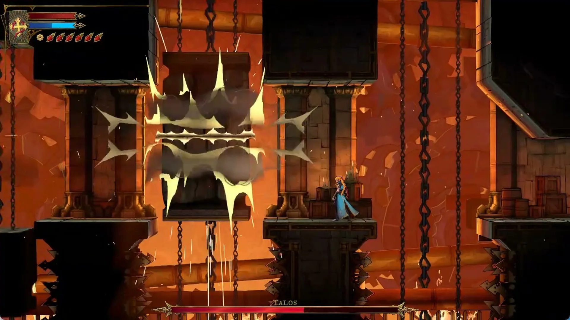 Rose waiting at the edge of a gap while a spiked crusher slams in Castlevania: Belmont's Curse