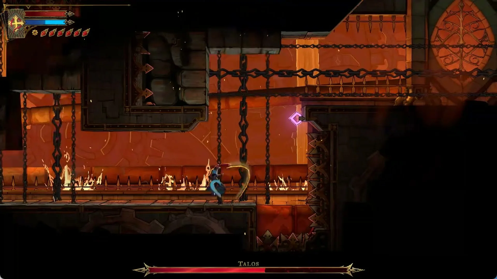 Rose swinging the Arcane Whip at the purple point over the spike pit in Castlevania: Belmont's Curse