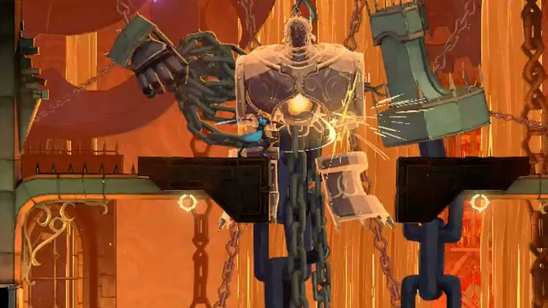 Rose striking the open core from the edge of the left central platform in Castlevania: Belmont's Curse