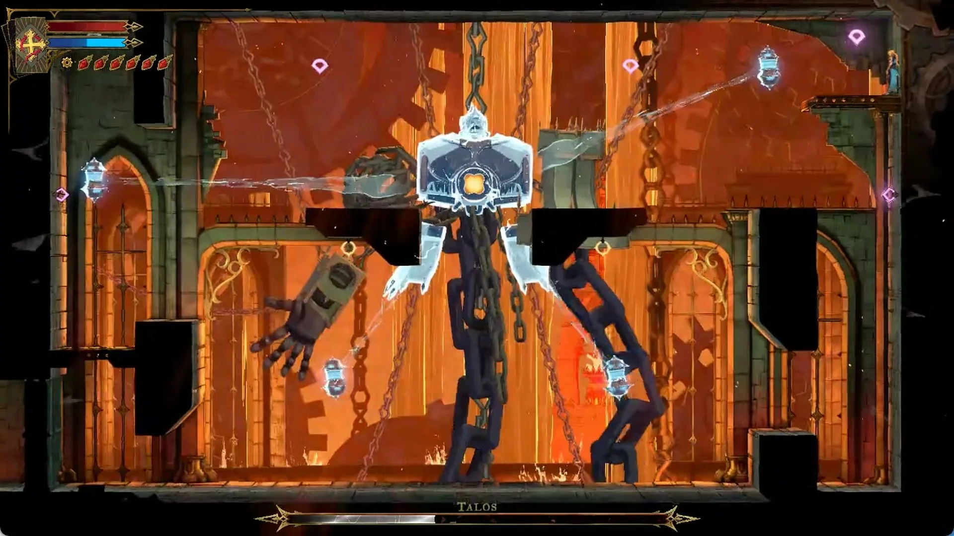 Talos under his blue shield in the lower arena, linked by beams to four drones in Castlevania: Belmont's Curse