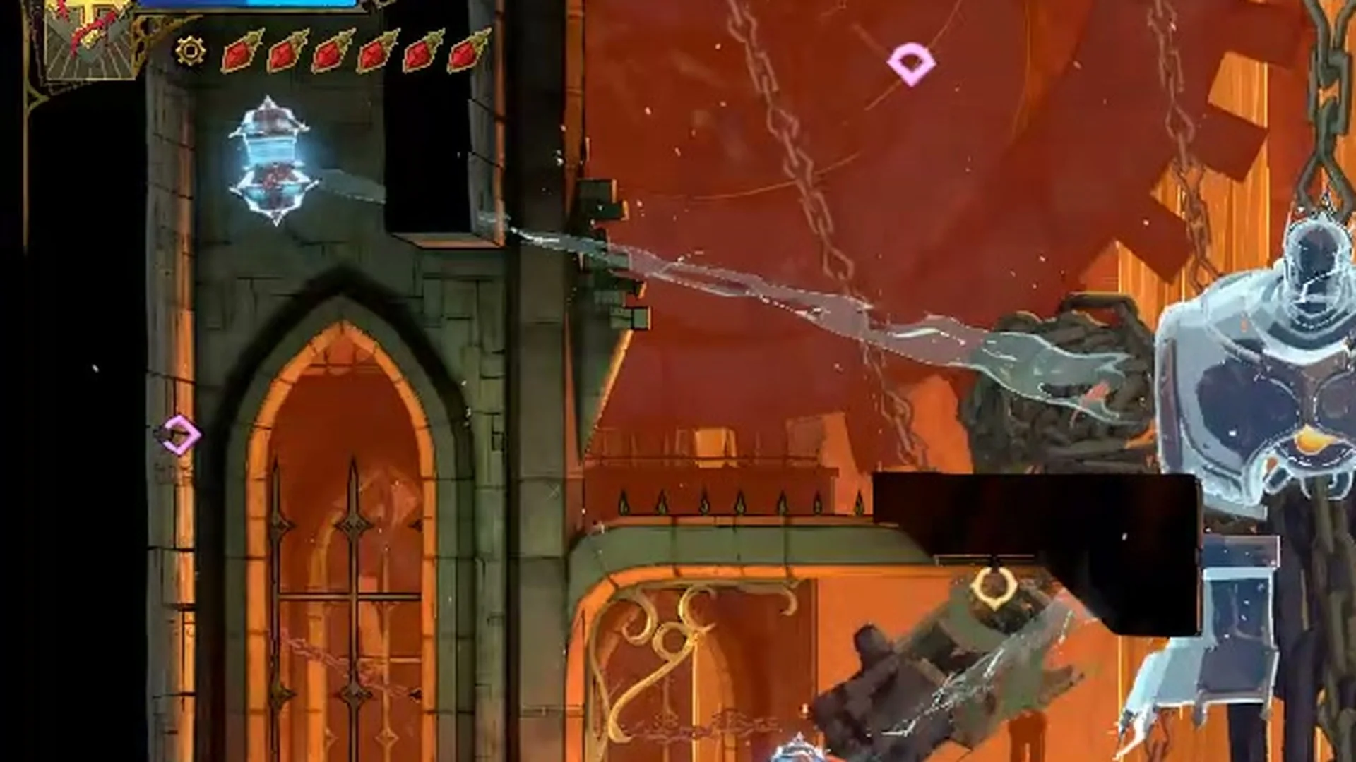 The shield drone floating high by the left wall of the lower arena in Castlevania: Belmont's Curse