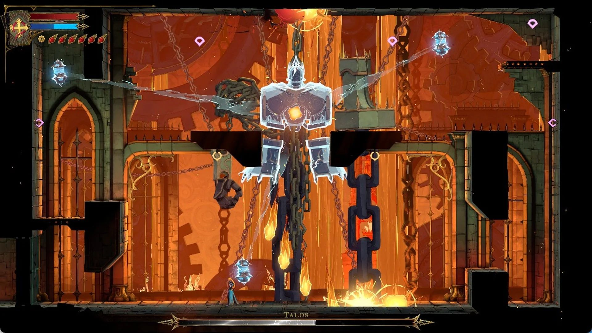Rose on the arena floor under a low shield drone in Castlevania: Belmont's Curse