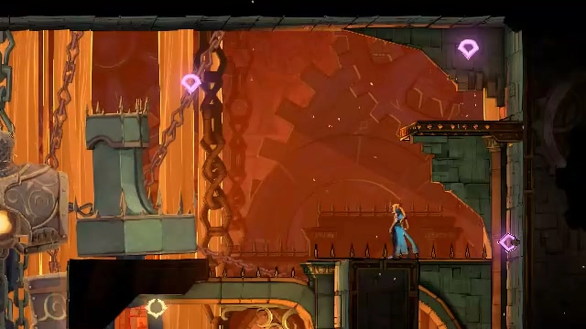 Rose standing on top of the right pillar in the lower Talos arena in Castlevania: Belmont's Curse