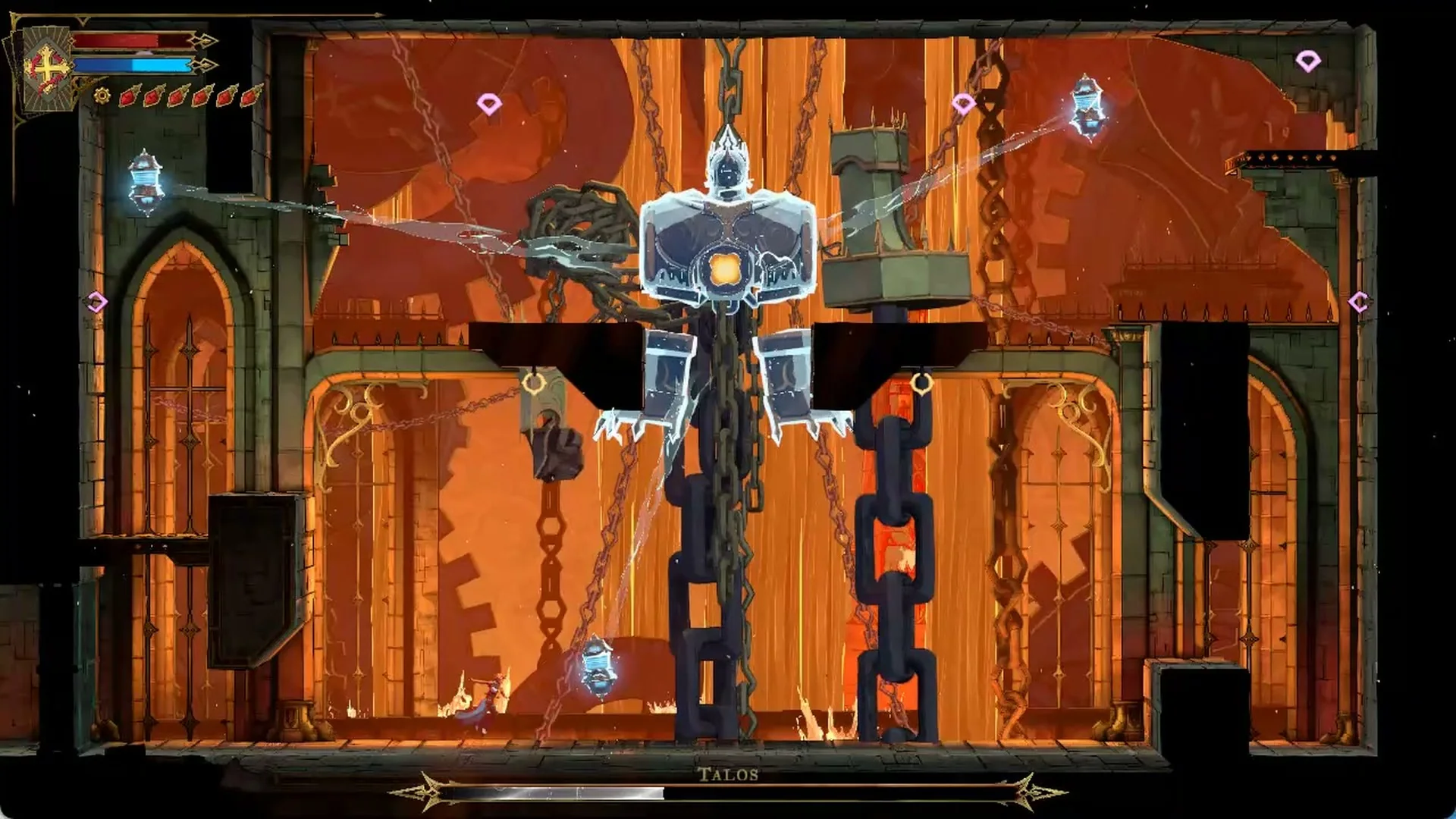 New drones and the blue shield back around Talos in the lower arena in Castlevania: Belmont's Curse