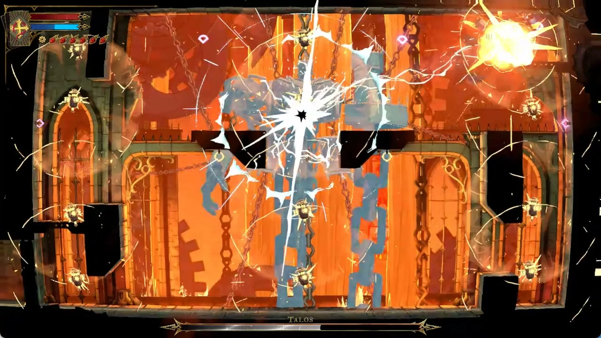 Talos's blue shield shattering after the fourth drone breaks in Castlevania: Belmont's Curse