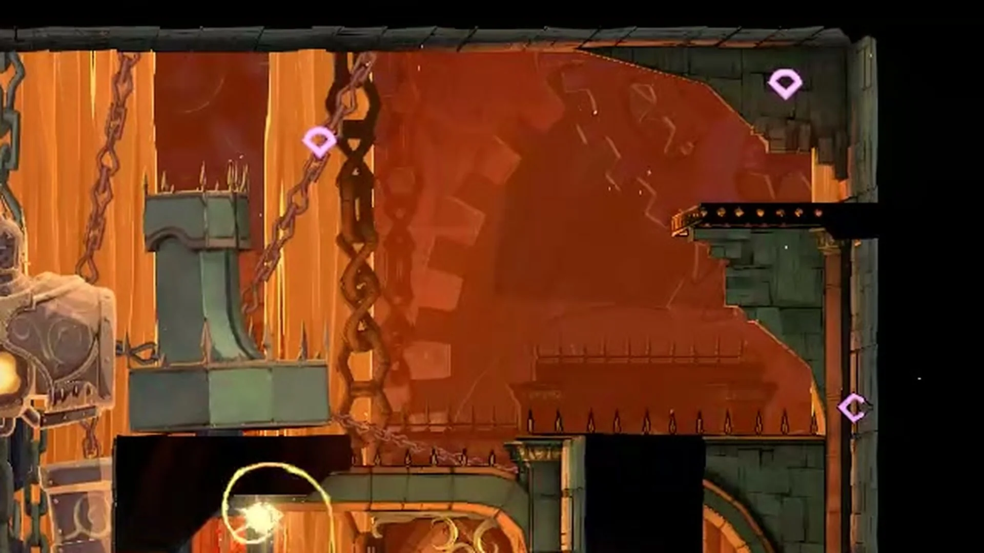 The Arcane Whip hooked on the ring under the right central platform in Castlevania: Belmont's Curse