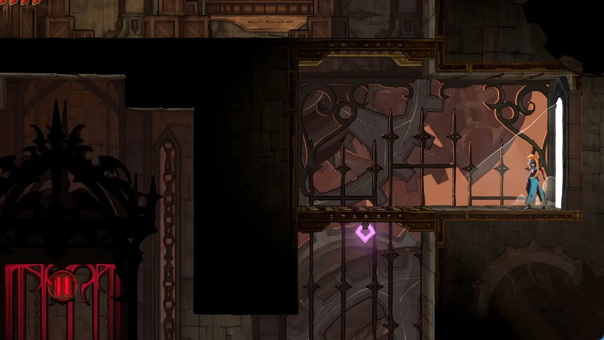 The red cage elevator room next to the Mechanic's Ascent Mirror of Life in Castlevania: Belmont's Curse
