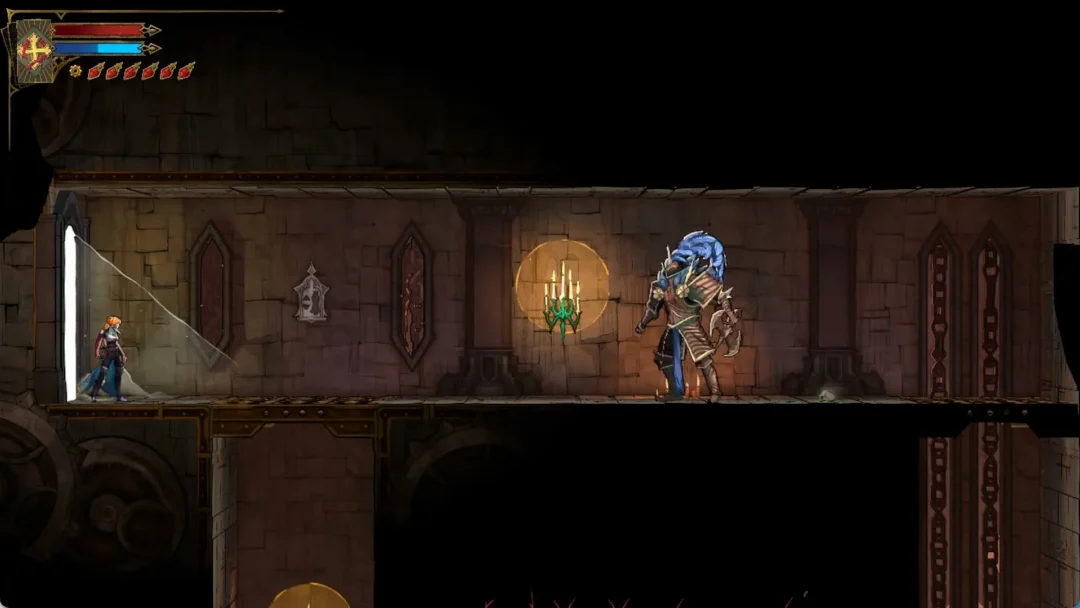 Rose facing an armored knight in a Clock Tower corridor in Castlevania: Belmont's Curse