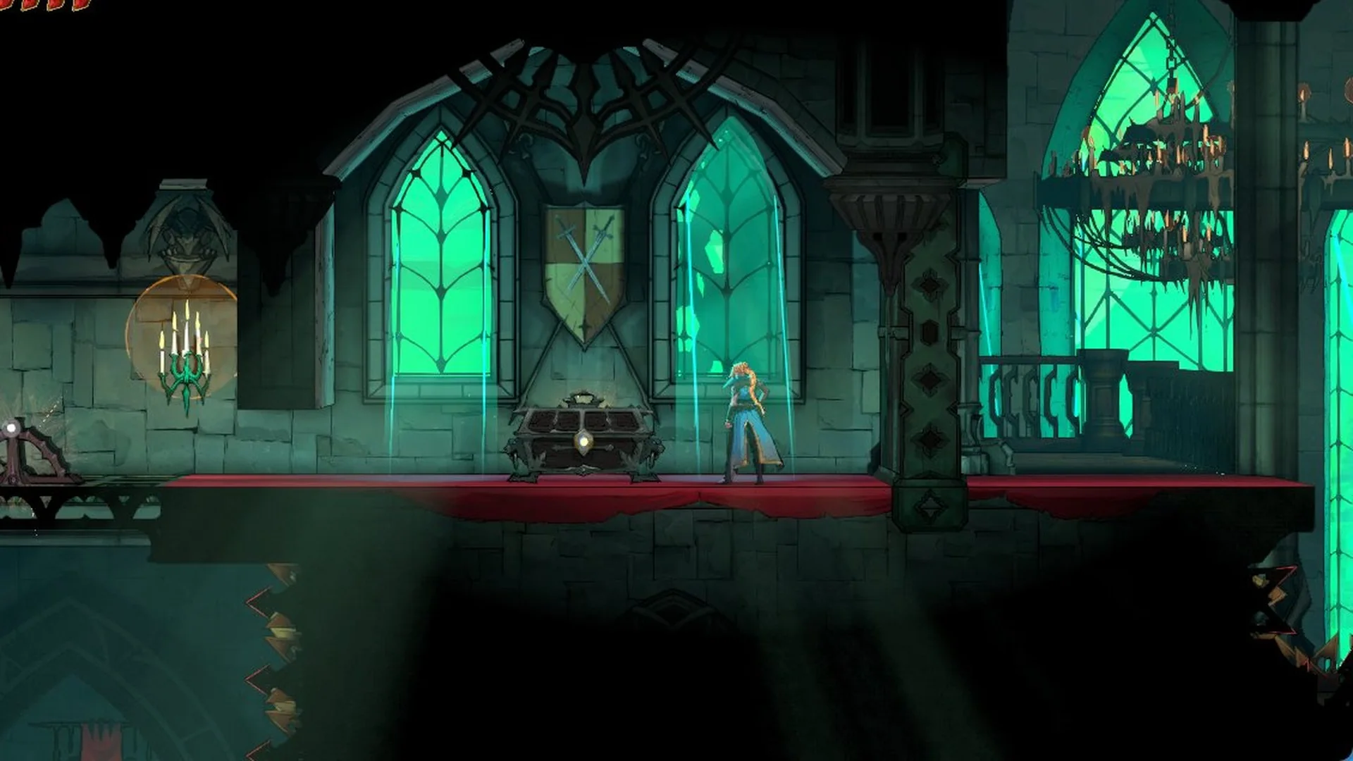 The Witch's Knot chest on the red-carpeted ledge with the cog lever at the left end in Castlevania: Belmont's Curse