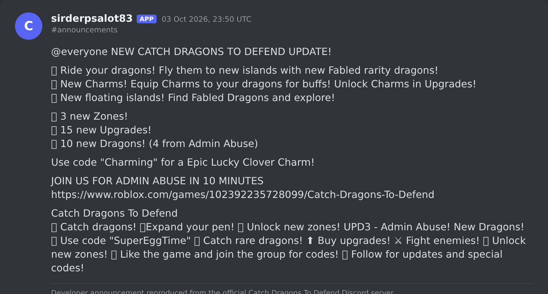 The Catch Dragons To Defend update post in the game's Discord server