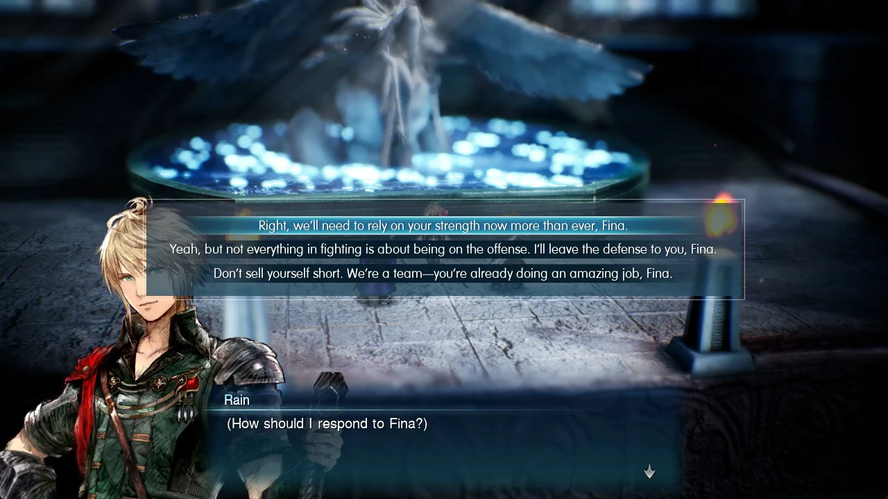 Rain's response menu for Fina with the first answer, about relying on her strength, highlighted