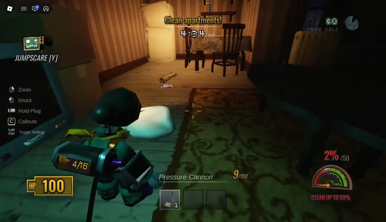 Pressure Cannon aimed at litter lying on an apartment floor