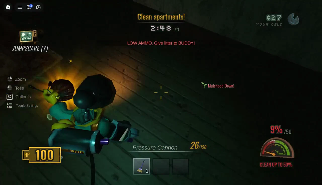 Pressure Cannon in use with a low-ammo warning on screen