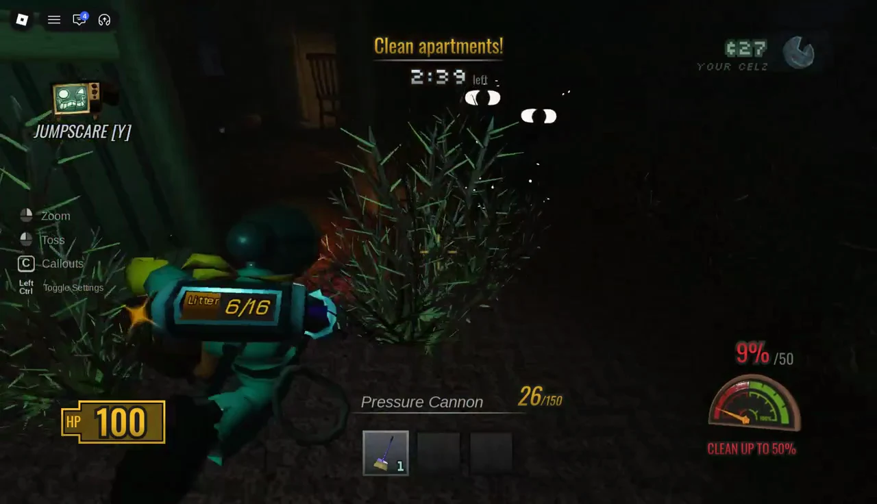 Pressure Cannon firing inside a room with cleanup progress shown