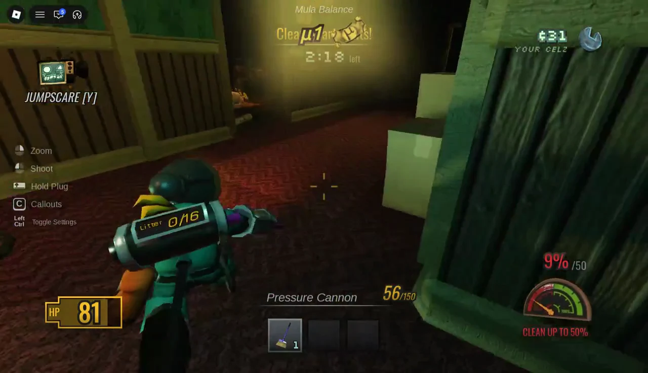 Pressure Cannon equipped and aimed down a dim hallway