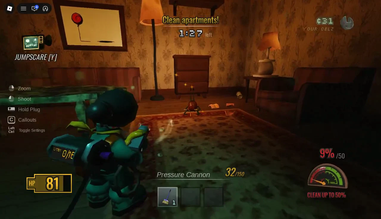 Pressure Cannon blasting grime off a living-room rug
