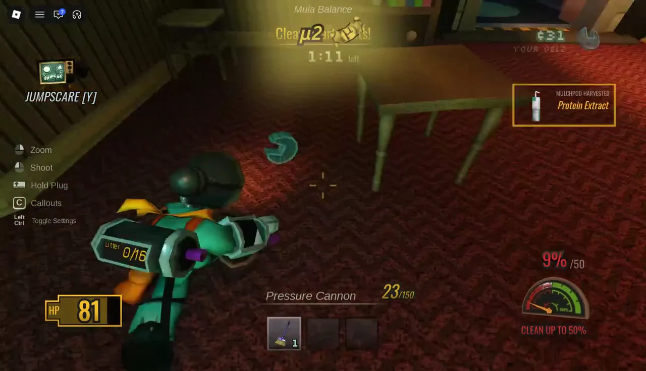Pressure Cannon pointed at a blue piece of litter on the carpet