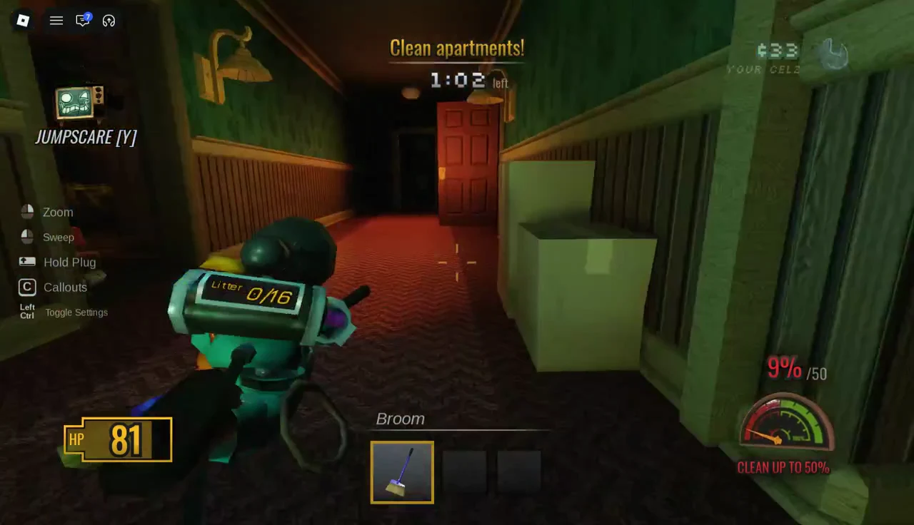 Broom highlighted in the hotbar while moving through a hallway