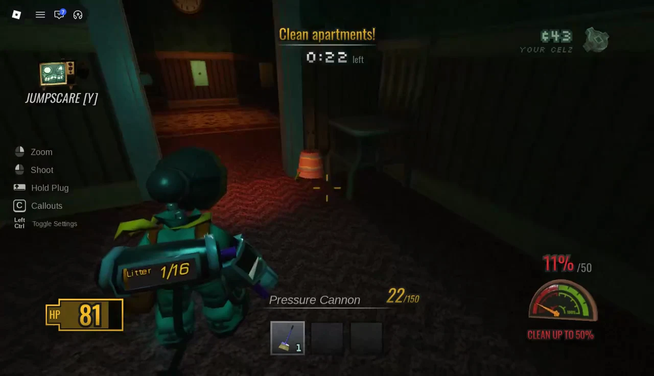 Pressure Cannon aimed at an orange item on the floor with litter collected