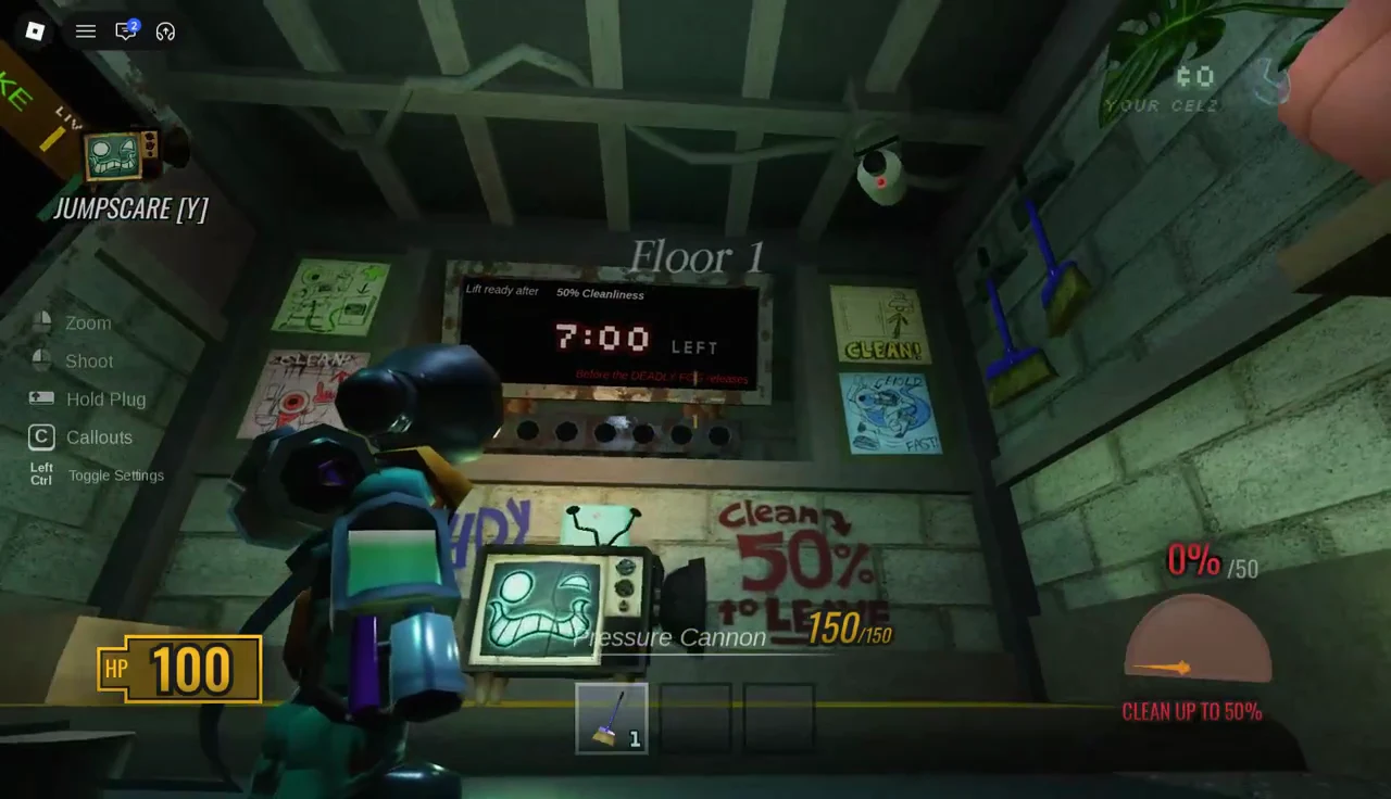 Pressure Cannon equipped on Floor 1 with the cleanliness objective and timer on screen