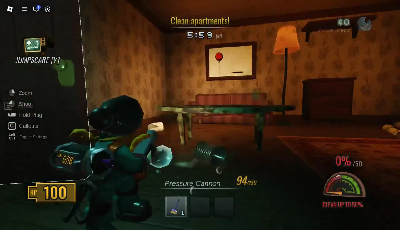 Pressure Cannon spraying inside an apartment with the timer and pressure gauge visible