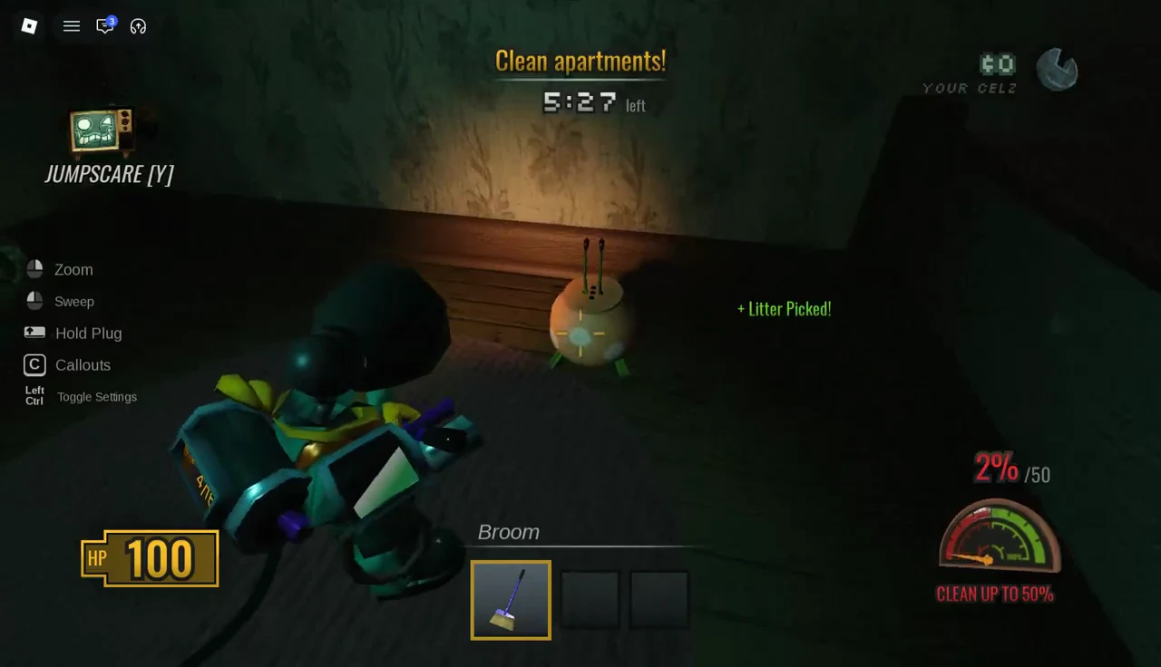 Broom equipped and picking up litter, with a litter picked confirmation